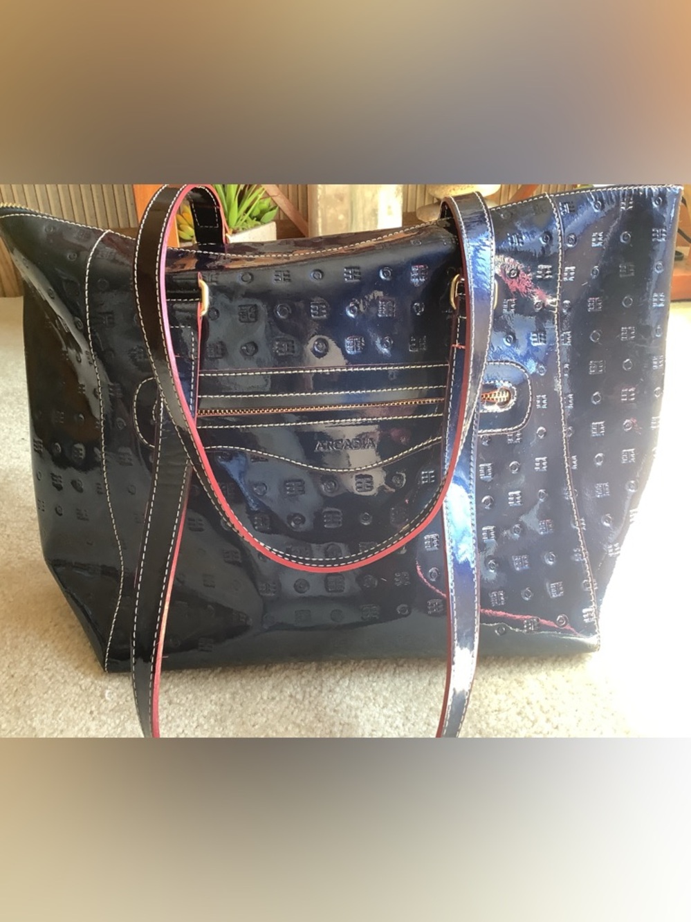 ARCADIA , made in Italy, Genuine Patent leather, large handbag . Navy